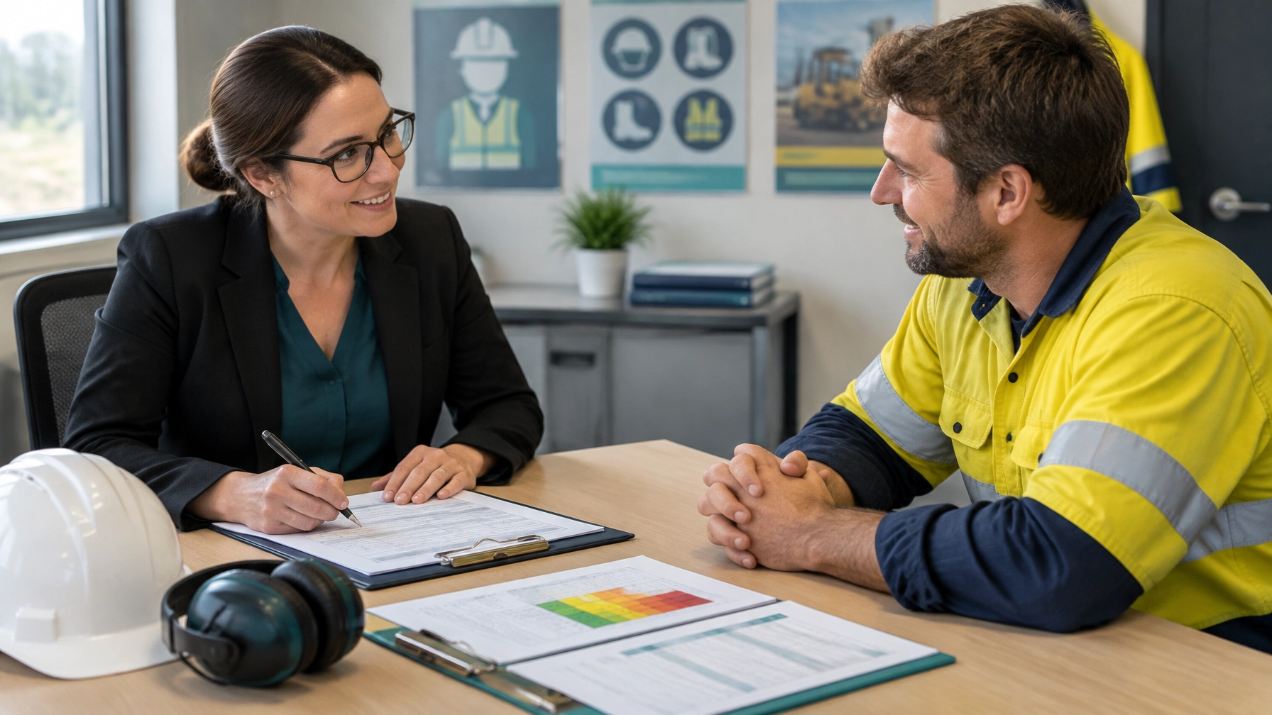 A consultant in a black blazer signs a safety document across a desk from a worker in yellow hi-vis with a hard hat and ear defenders.